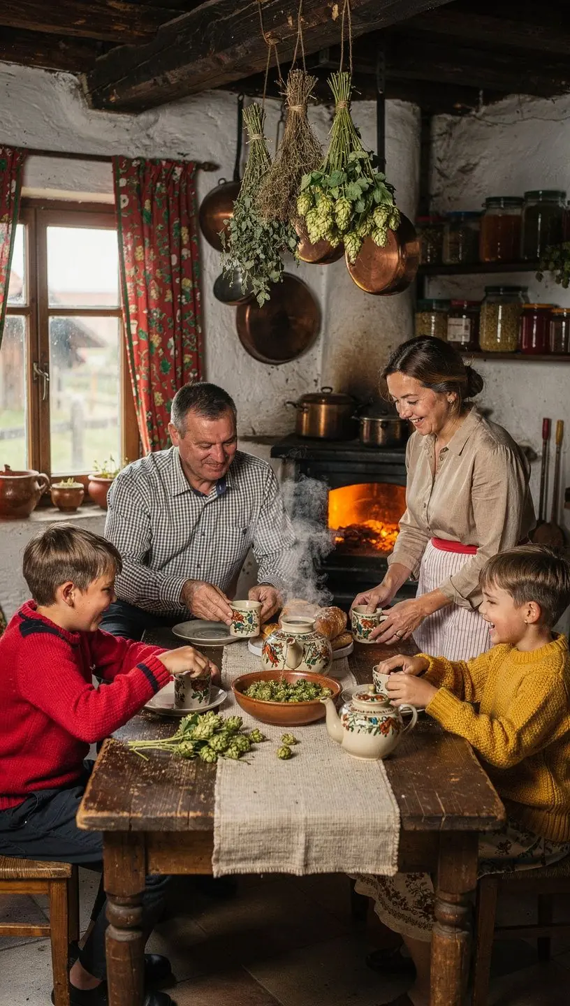 Komlóvirágokból készült tea gőzölgő csészében.