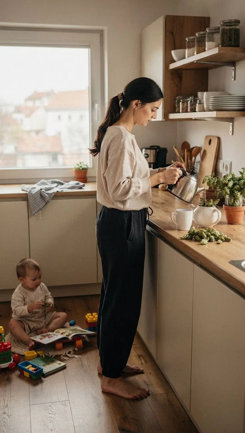 Két csésze komlóvirág tea egy étkezőasztalon, gyertyák mellett.