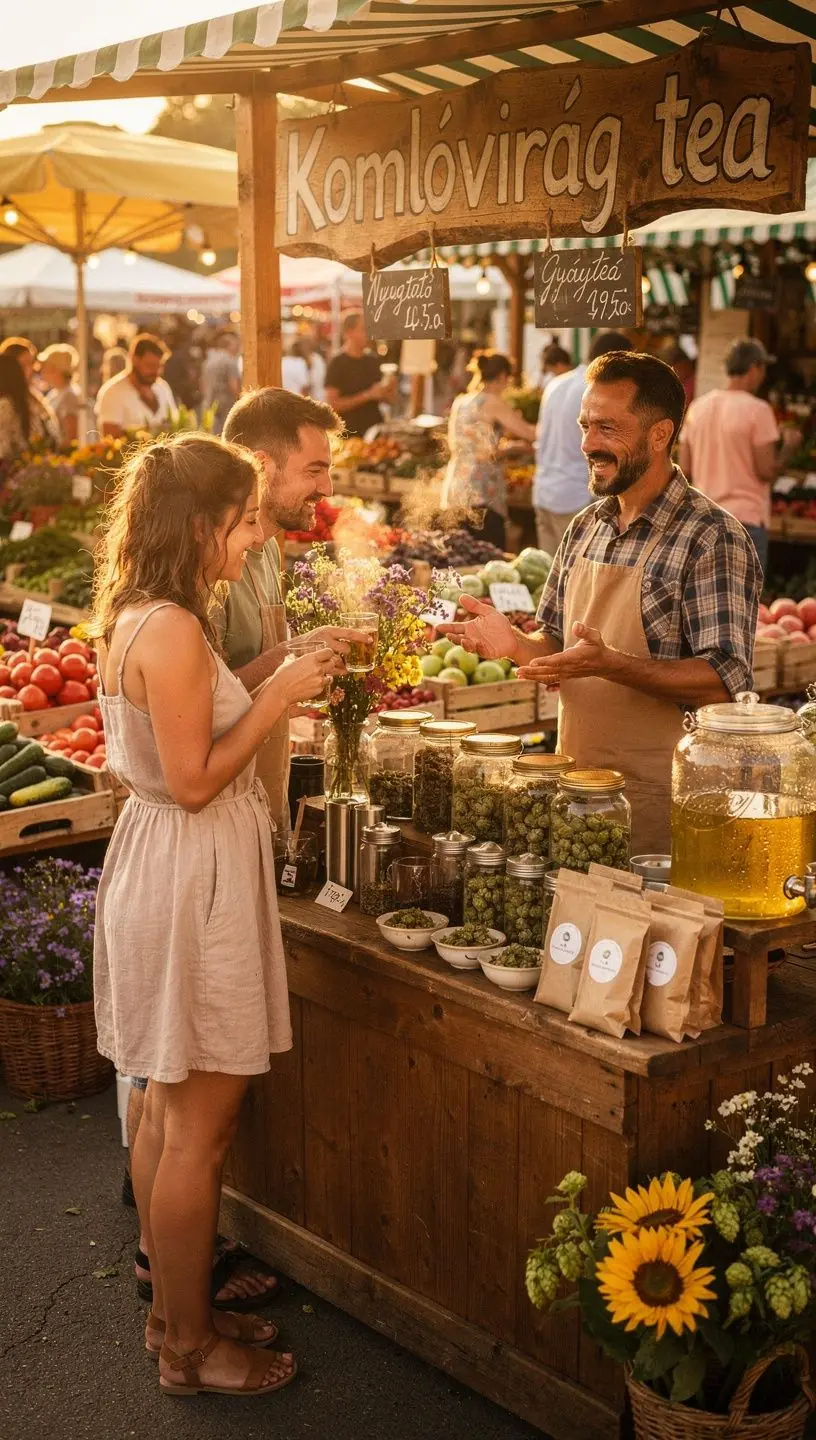 Komlóvirág tea készítése, az összes hozzávaló szépen elhelyezve.