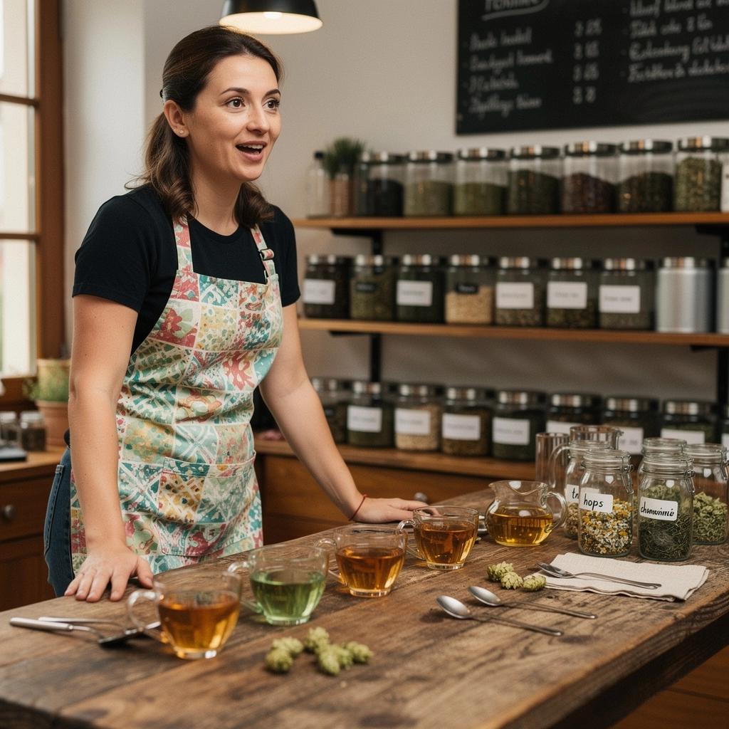 Szép, zöld komlólevél és virágok egy csésze teában.